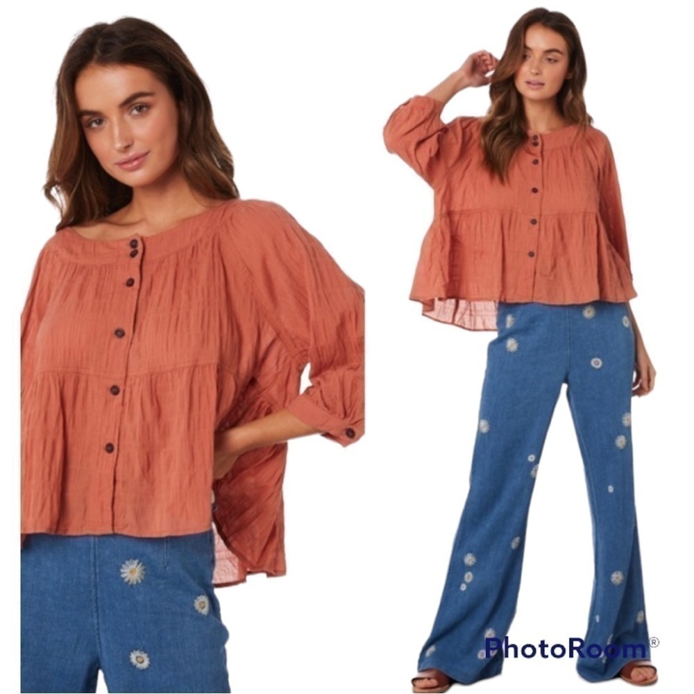 Free People Sea To Shore Blouse‎ Noble Adobe Terracotta Size Small